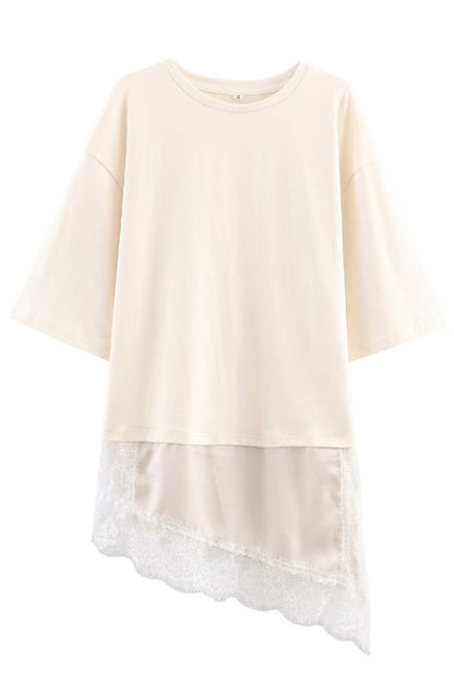 Cardydony Women's Stylish Round Neck Short-sleeved Patchwork Lace Hem Loose T-shirt