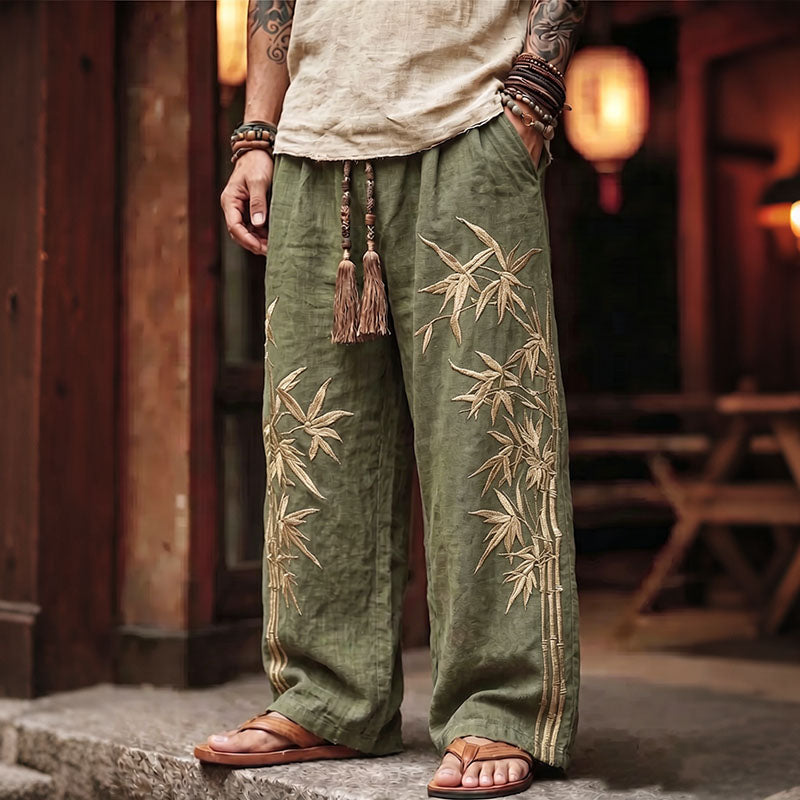 Cardydony Men's Japanese Bamboo Embroidery Art Casual Linen Blend Pants