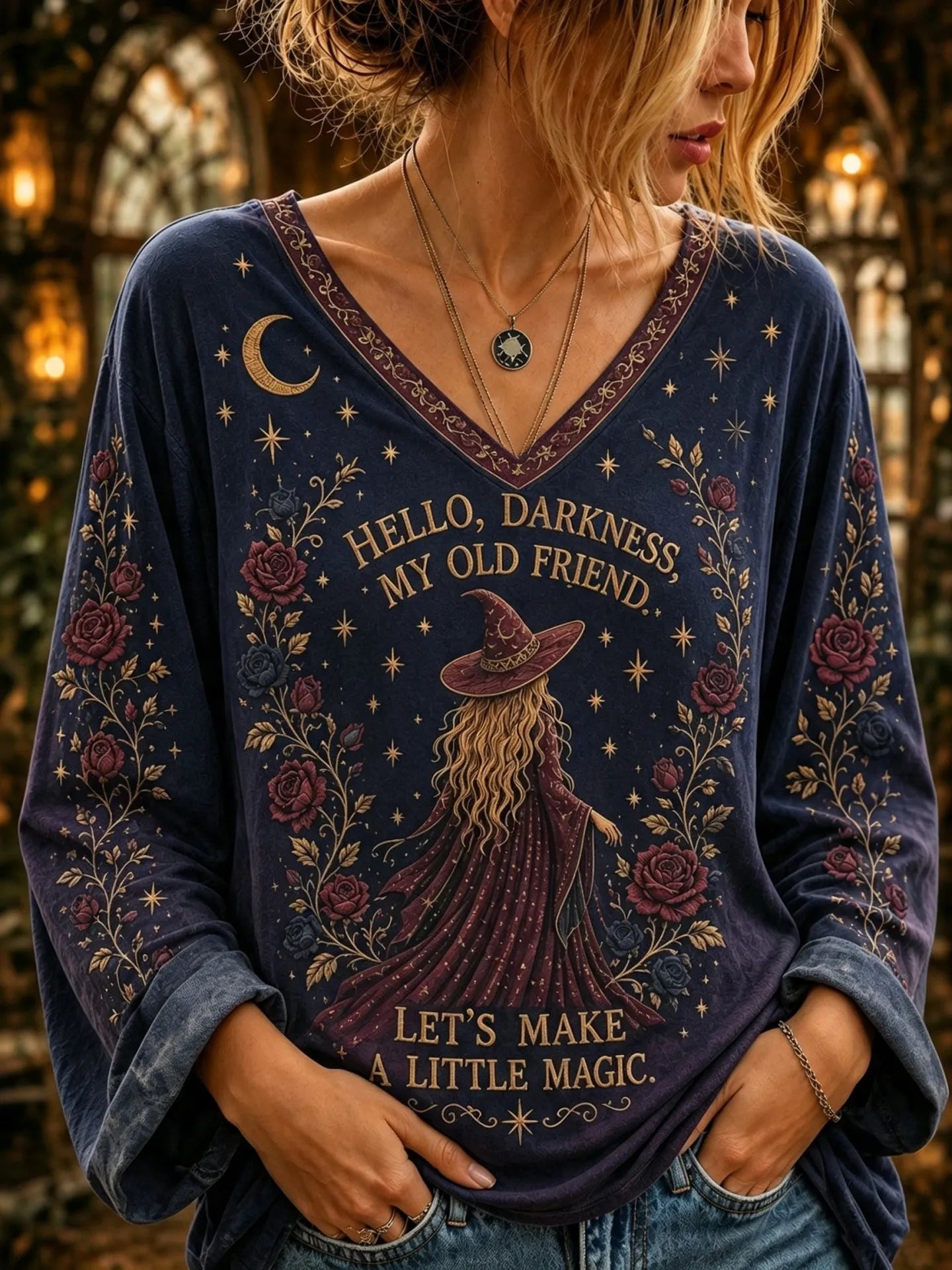 Cardydony Women's Retro Halloween Letter Sun Moon Rose Print V-neck Long Sleeve Cotton Linen Top