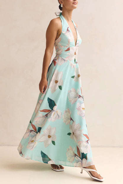 Cardydony Women's Floral Print V-neck Backless Tie-up Fitted Waist Elegant Maxi Dress
