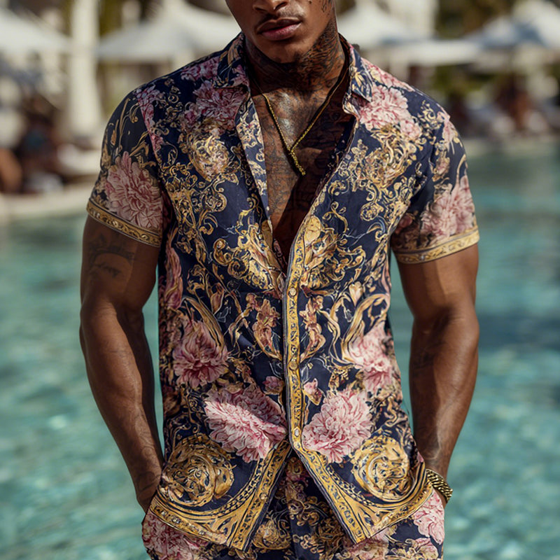 Cardydony Men's Fashion Baroque Floral Pattern Cuban Shirt And Shorts Two-piece Set