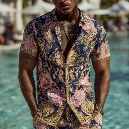 Cardydony Men's Fashion Baroque Floral Pattern Cuban Shirt And Shorts Two-piece Set