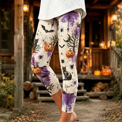 Cardydony Women's Halloween Cropped Leggings With Purple Watercolor Splash, Black Cats, Pumpkins, And Spiders Print