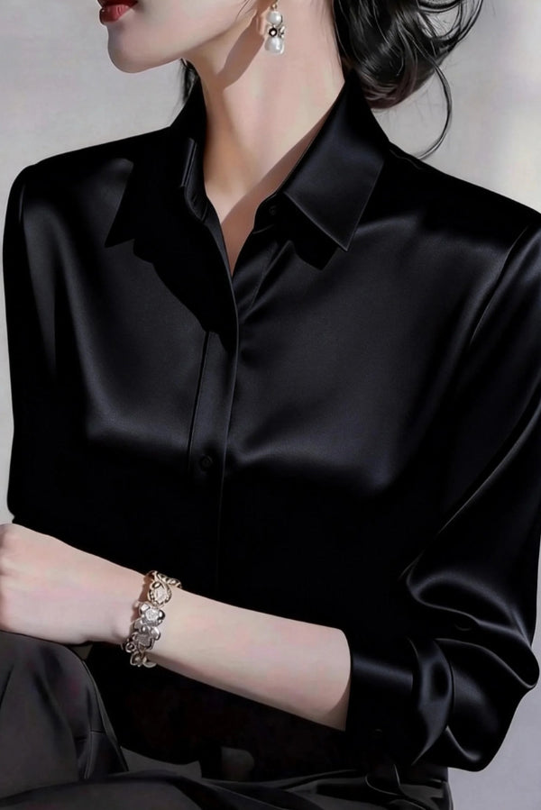 Cardydony Women's  Solid Color Satin Collared Long-sleeved Button-down Casual Shirt