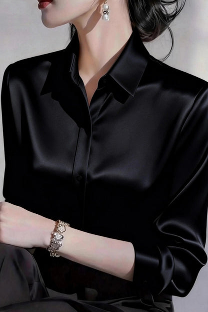 Cardydony Women's  Solid Color Satin Collared Long-sleeved Button-down Casual Shirt