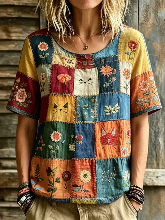 Cardydony Women's Hippie Cute Cat In Patchwork Art Embroidered Linen Blend Round Neck Tshirt