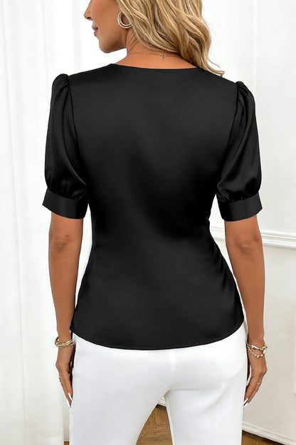 Cardydony Women's  Solid Color Satin V-neck Short-sleeved Casual Top