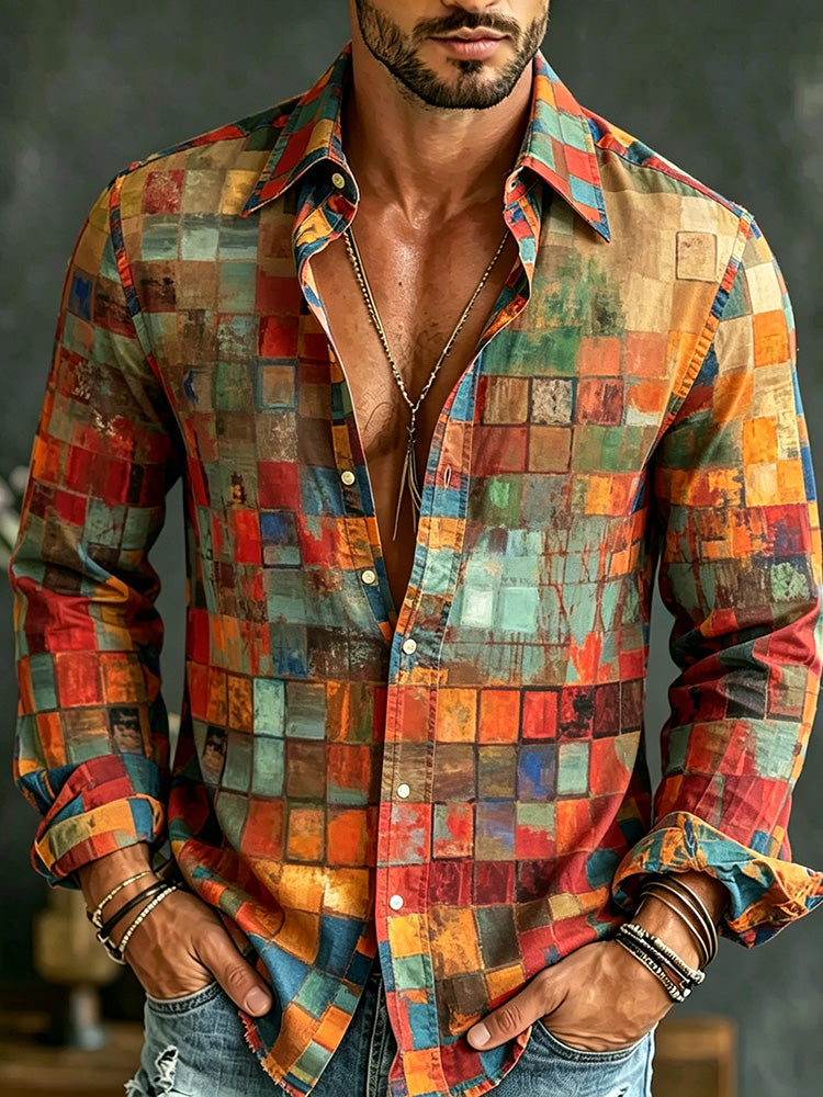 Cardydony Men's Hippie Color Block Art Patchwork Print Casual Long Sleeve Linen Shirt