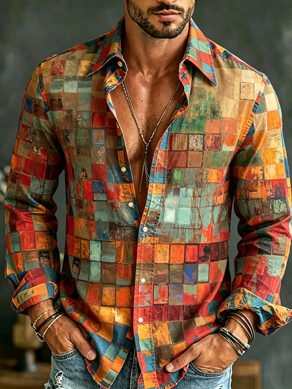 Cardydony Men's Hippie Color Block Art Patchwork Print Casual Long Sleeve Linen Shirt