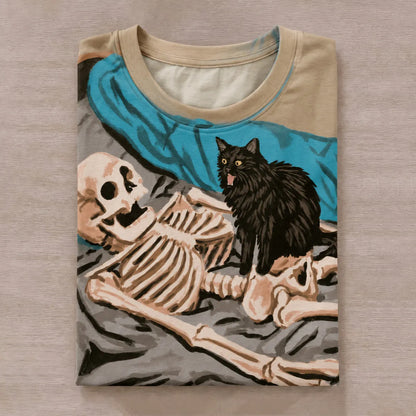Cardydony Women's Funny Halloween Cat And Skeleton Art Print Crew Neck Short Sleeve T-shirt