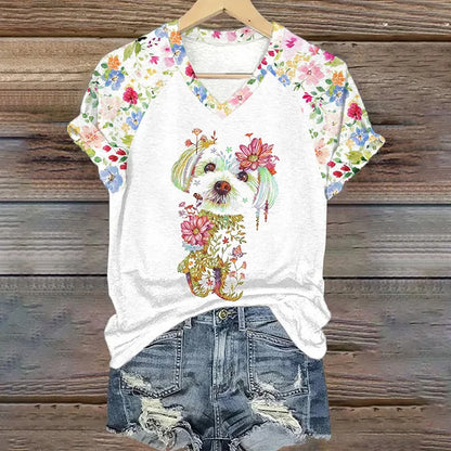 Cardydony Women's Floral Dog Print Casual T-shirt