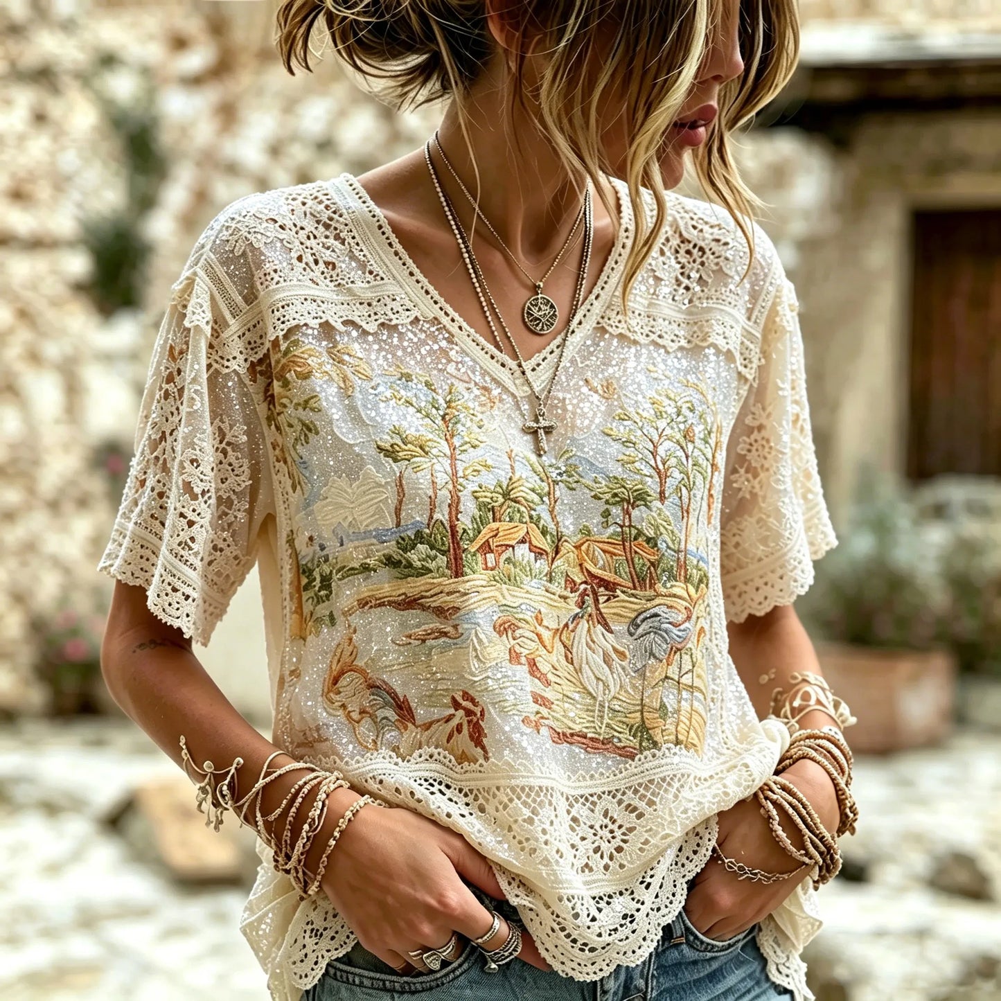 Cardydony Women's Retro Cotton Linen Farm Style Animal Embroidery Print Lace Trim V-neck Top