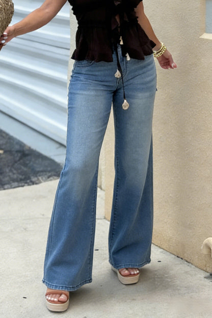 Cardydony Women's  Stylish High-waisted Pocket Casual Wide-leg Jeans