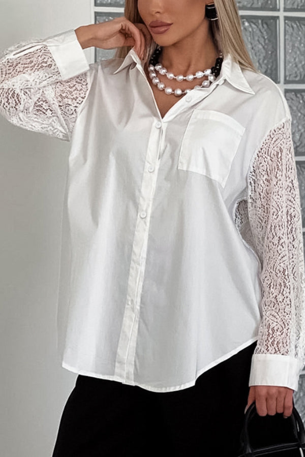Cardydony Women's  Fashionable Openwork Lace Patchwork Long-sleeved Loose Shirt