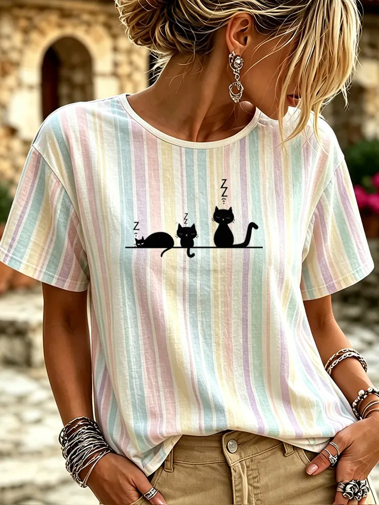 Cardydony Women's Pastel Striped Crewneck T-shirt With Sleeping Black Cats Graphic Print