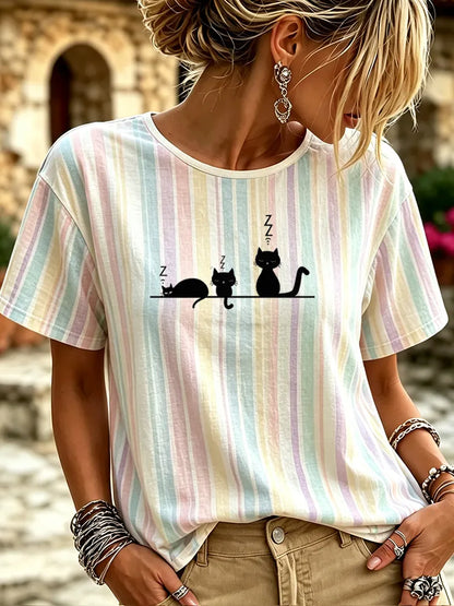 Cardydony Women's Pastel Striped Crewneck T-shirt With Sleeping Black Cats Graphic Print