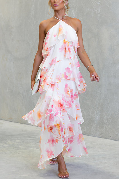 Cardydony Women's Poetic Eden Chiffon Floral Print Tiered Ruffles Halter A-line Maxi Dress