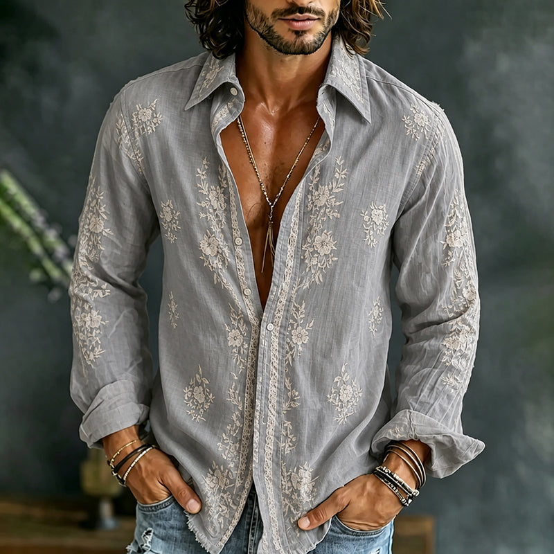 Cardydony Men's Vintage Floral Art Casual Cotton Linen Long-sleeved Shirt