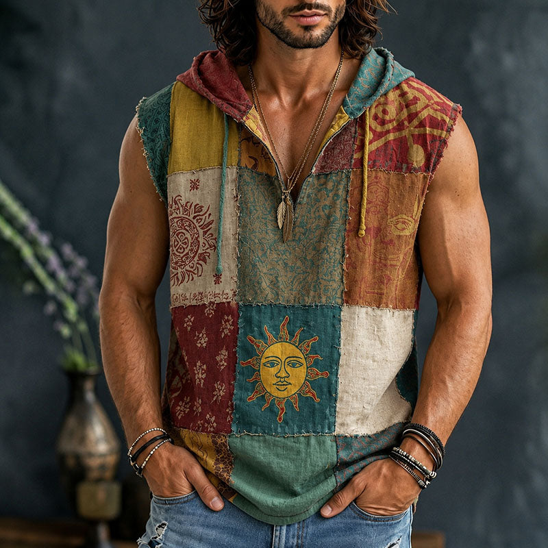 Cardydony Men's Boho Hippie Sun Retro Patchwork Art Print Workout Hooded Tank Top