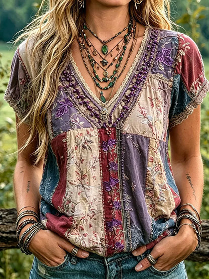 Cardydony Patchwork Floral Butterfly Embroidered Boho Top