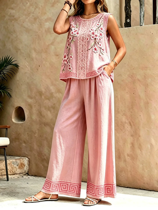 Cardydony Women's Japanese Artistic Floral Cherry Blossom Embroidered Lace Print Casual Suit
