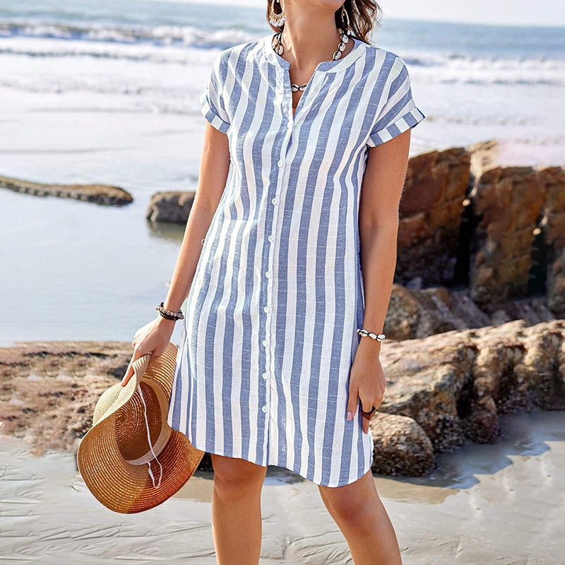 Cardydony Women's Striped Print V-neck Short Sleeve Midi Shirt Dress