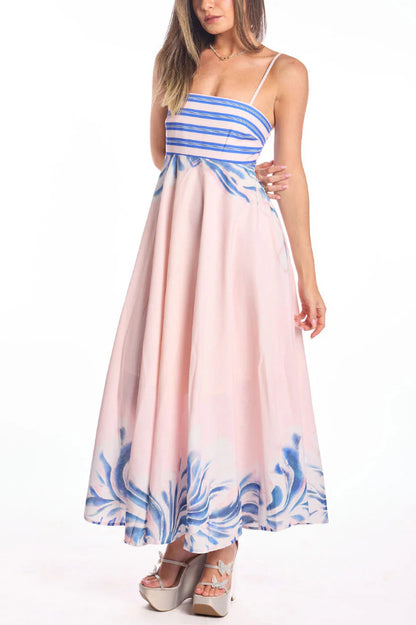 Cardydony Women's Unique Print Square Neck Spaghetti Strap Back Gathered Maxi Dress