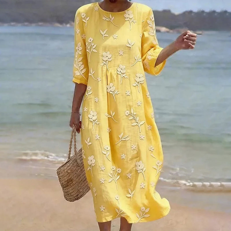 Cardydony Women's Floral Print Round Neck Linen Blend Casual Midi Dress