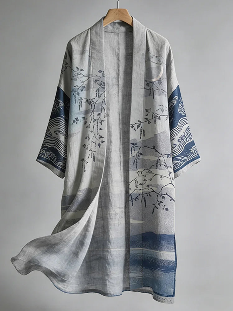 Cardydony Women's Japanese Art Linen Long Kimono