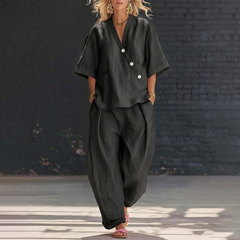 Cardydony Casual Solid Color V-neck Loose Short-sleeved Top And Trousers Two-piece Set