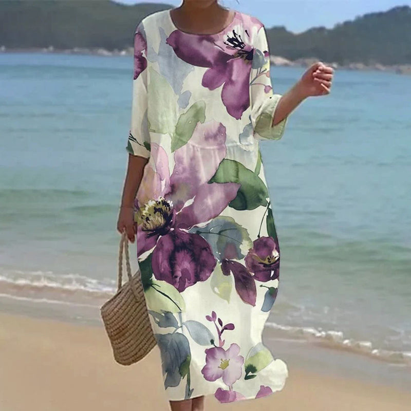 Cardydony Women's Floral Art Pattern Linen Blend Loose Three-quarter Sleeve Dress