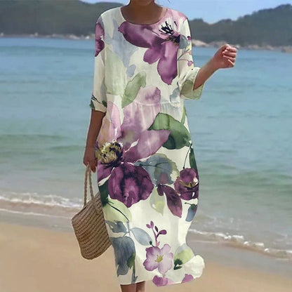 Cardydony Women's Floral Art Pattern Linen Blend Loose Three-quarter Sleeve Dress
