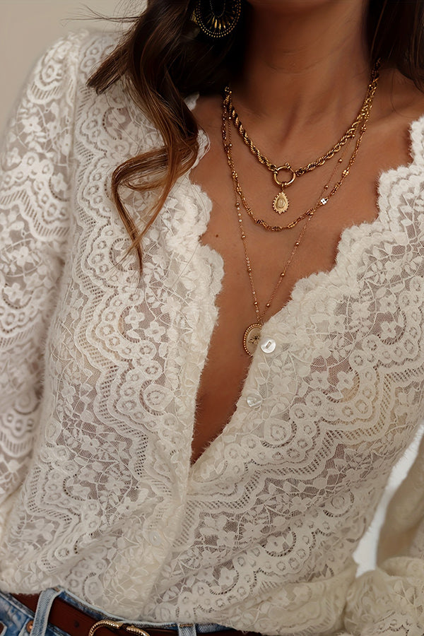 Cardydony Women's Fashionable Openwork Lace Long-sleeved V-neck Elegant Shirt