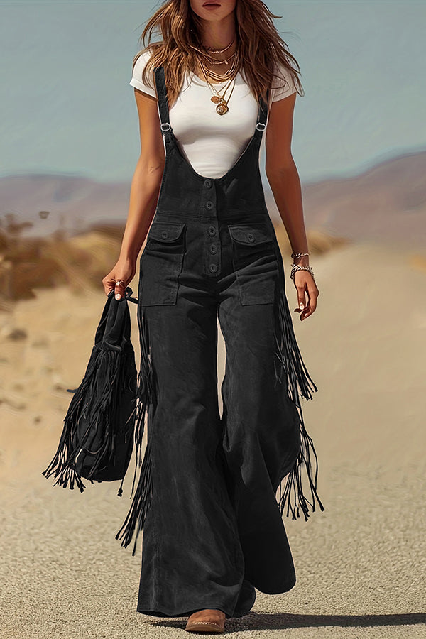 Cardydony Women's Stylish Suede Tassel Button Pocket Casual Wide-leg Overalls