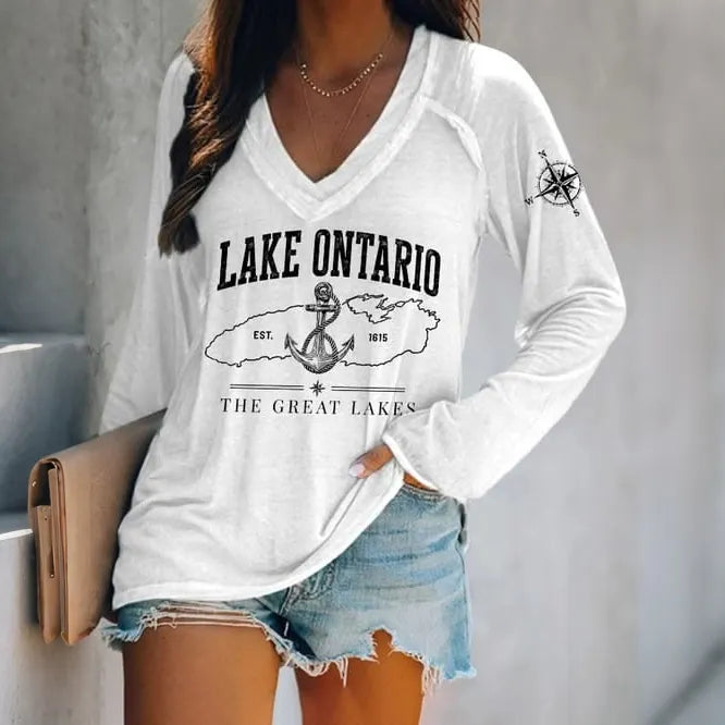 Cardydony Women's Lake Ontario Est 1615 The Great Lakes V-neck Print T-shirt