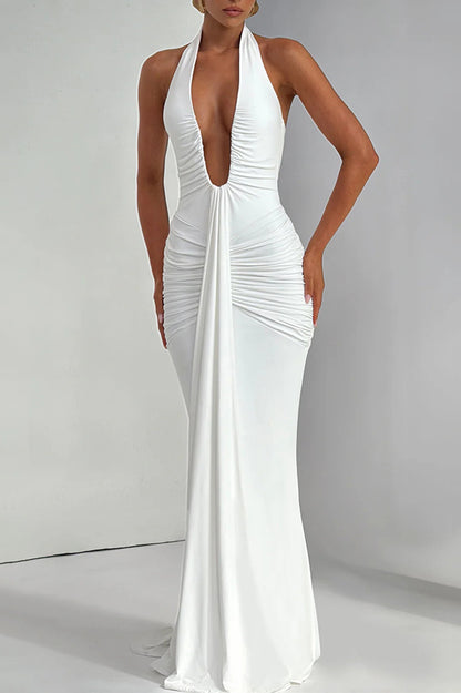 Cardydony Women's Solid Color Elegant Halterneck V-neck Open Back Tie Gathered Maxi Dress