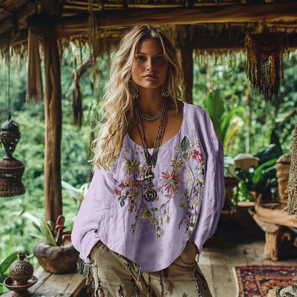 Cardydony Retro Bohemian Floral Embroidery Art Graphics Cotton And Linen Blend Loose Blouse