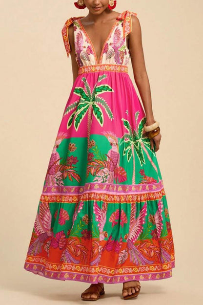 Cardydony Women's  Tropical Rainforest Print Loose V-neck Casual Vacation Maxi Dress