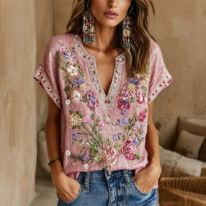 Cardydony Women's Vintage Floral Embroidery Pattern Art Casual V Neck T-shirt