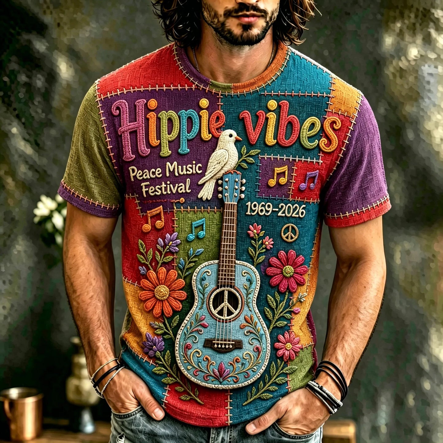 Cardydony Men's Vintage 60s Music In Patchwork Art Hippie Crew Neck T-shirt
