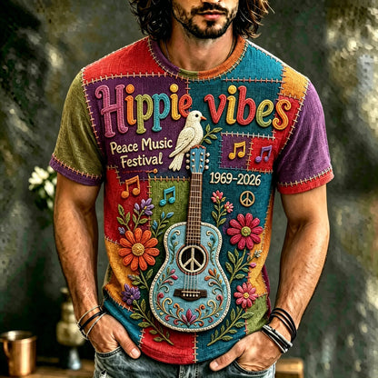 Cardydony Men's Vintage 60s Music In Patchwork Art Hippie Crew Neck T-shirt