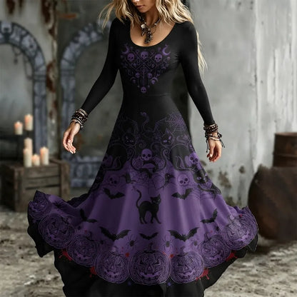 Cardydony Women's Gothic Purple Gradient Skull, Black Cat And Pumpkin Long Sleeve Maxi Dress