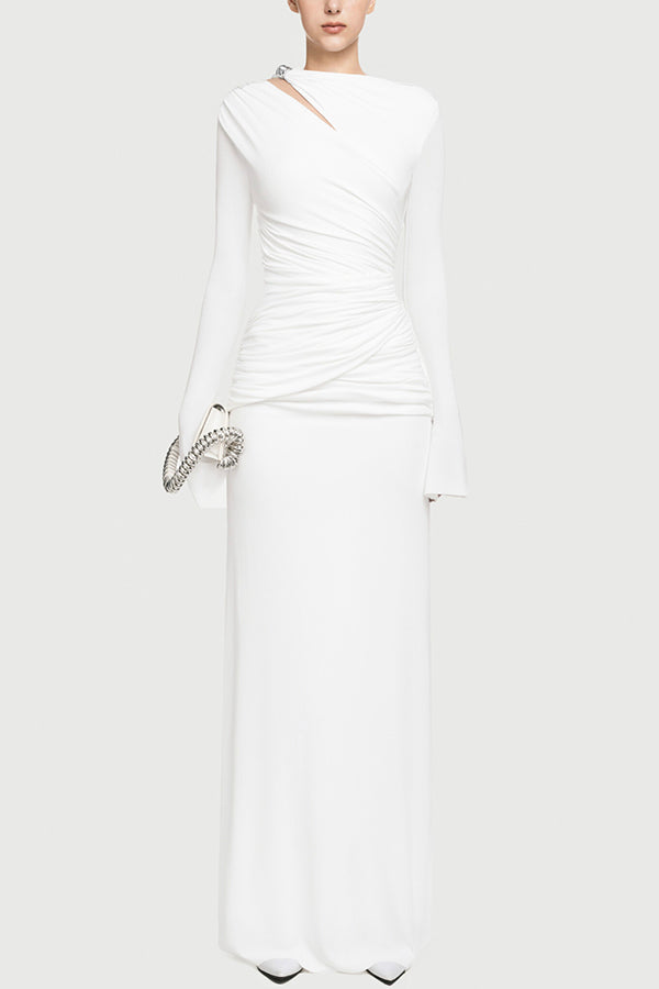 Cardydony Women's Stylish Long-sleeved Slim-fit Pleated Elegant Maxi Dress