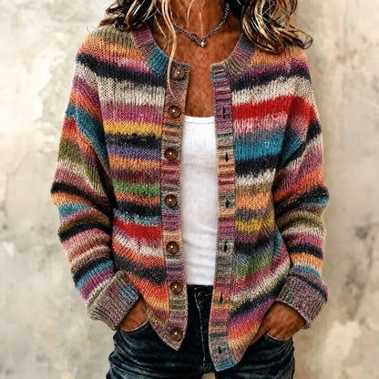 Cardydony Women's Bohemian Retro Striped Gradient Art Print Knit Button Cardigan