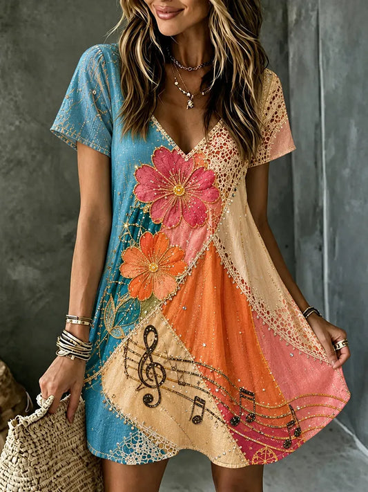 Cardydony Women's Retro Hippie Music Color Gradient Art Linen Blend V-neck Dress