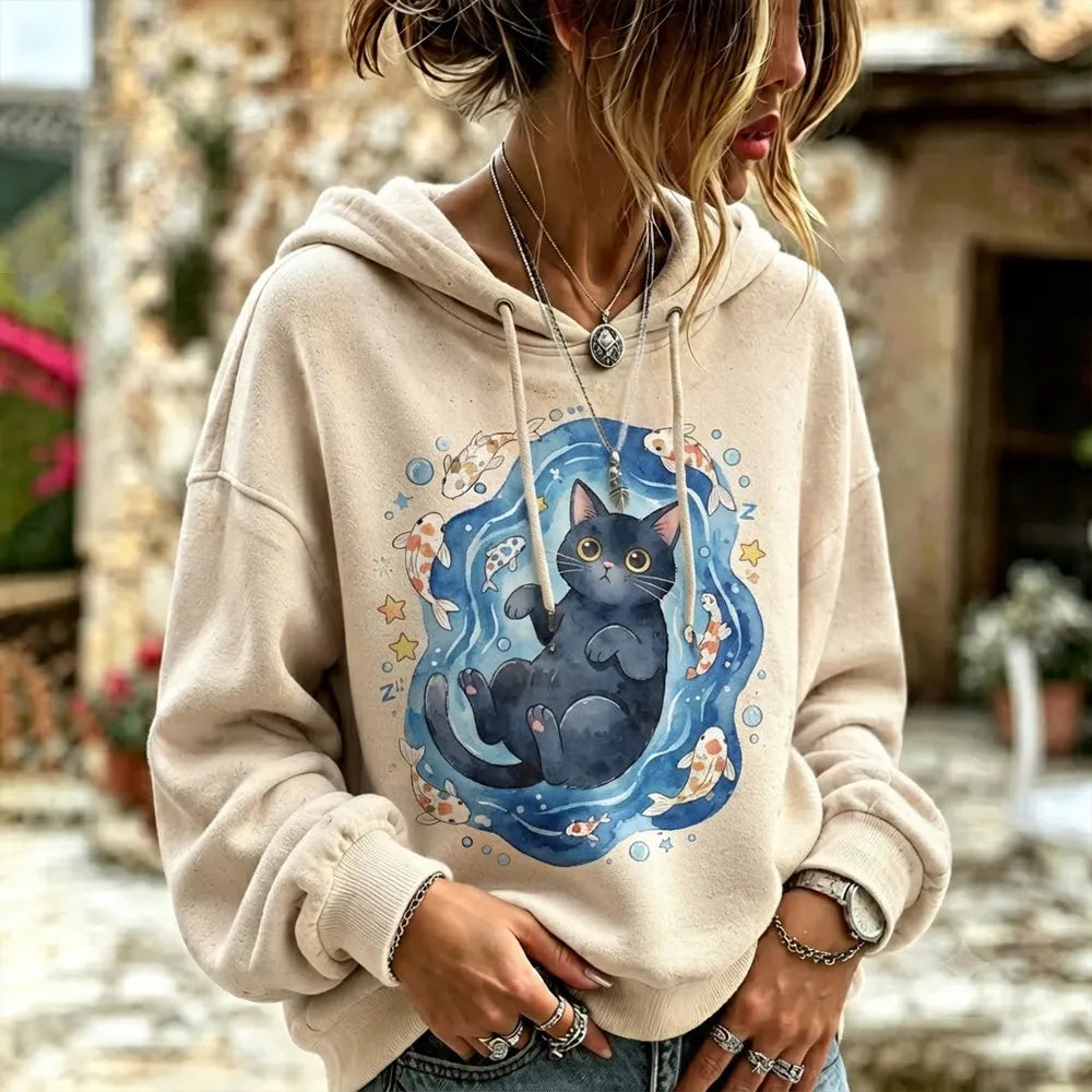 Cardydony Women's Cute Black Cat Swimming With Koi Fish Print Hoodie