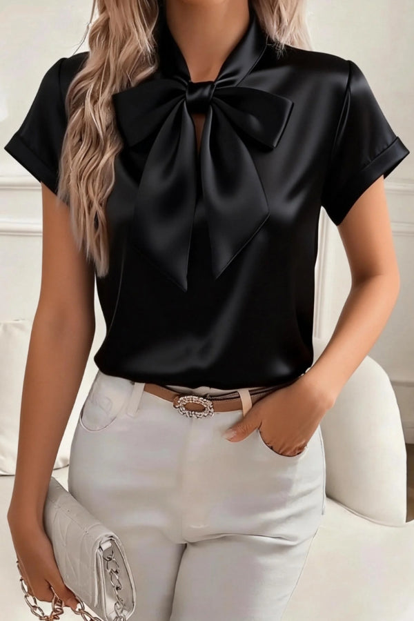 Cardydony Women's  Solid Color Satin Collared Short-sleeved Tie Bow Casual Shirt