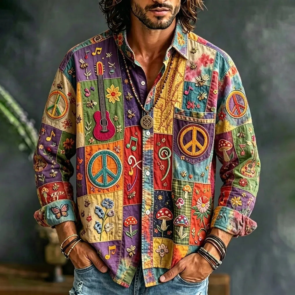 Cardydony Men's Peace Sign And Guitar Hippie Patchwork Print Long Sleeves Shirt