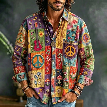 Cardydony Men's Peace Sign And Guitar Hippie Patchwork Print Long Sleeves Shirt