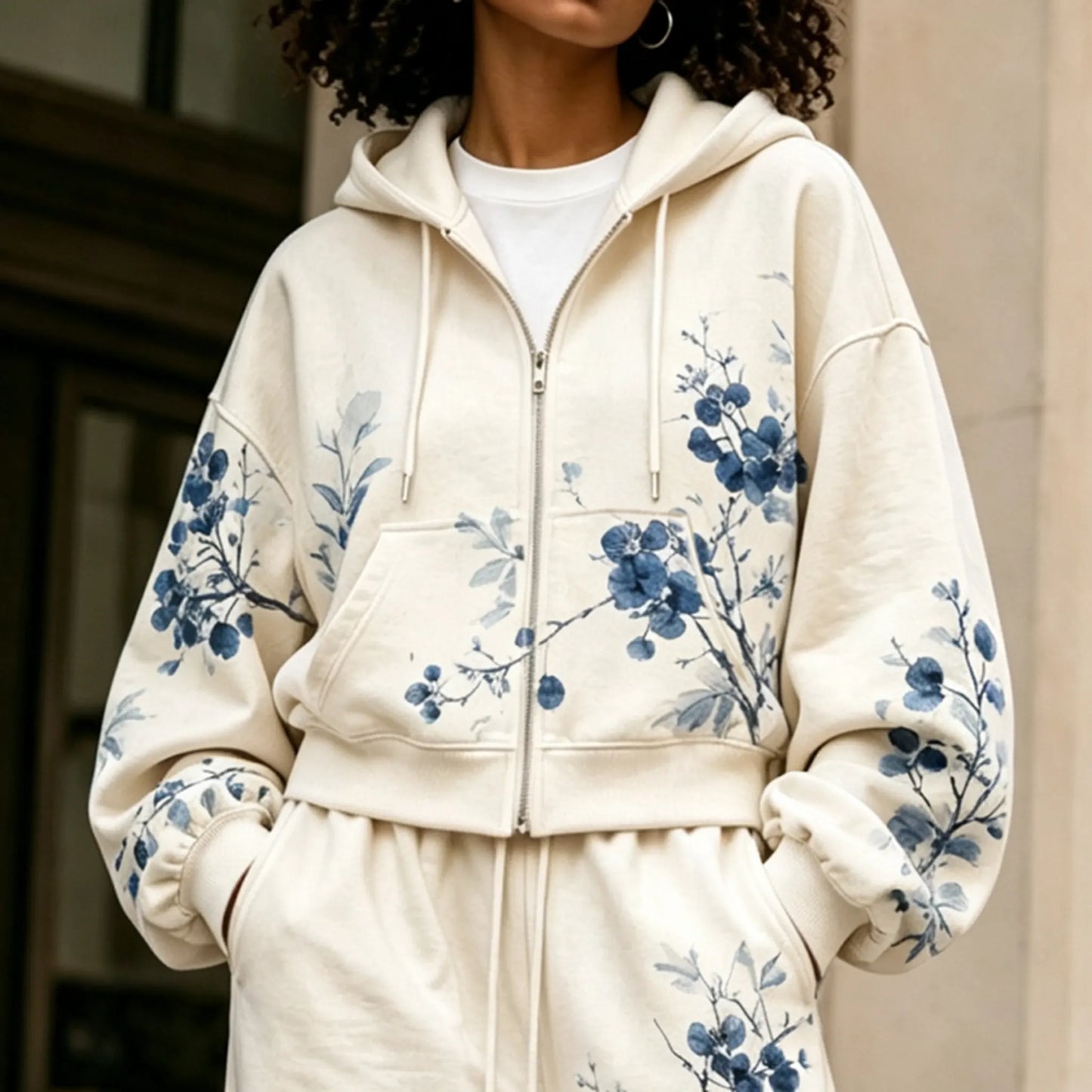 Cardydony Women's Japanese Cherry Blossom Art Print Zip Up Hoodie Two Piece Set